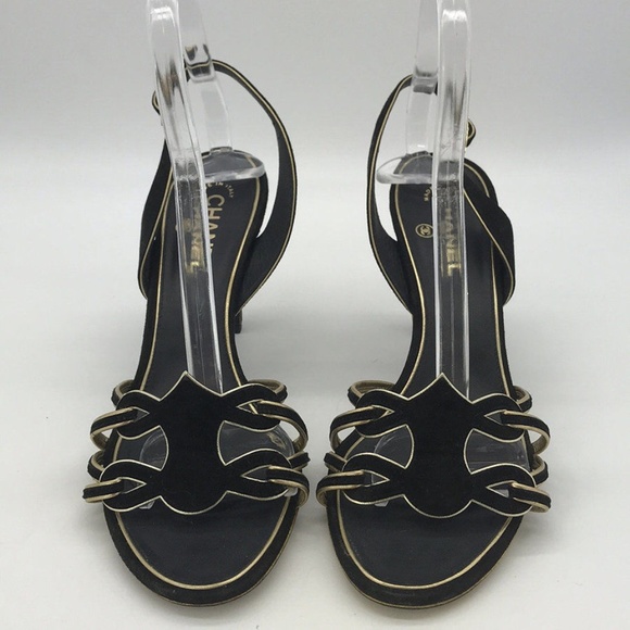 CHANEL Shoes - Chanel Black & Gold Trim Velvet Slingback Size 10